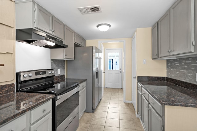 kitchen featuring backsplash, appliances with stainless steel finishes, and gray cabinetry