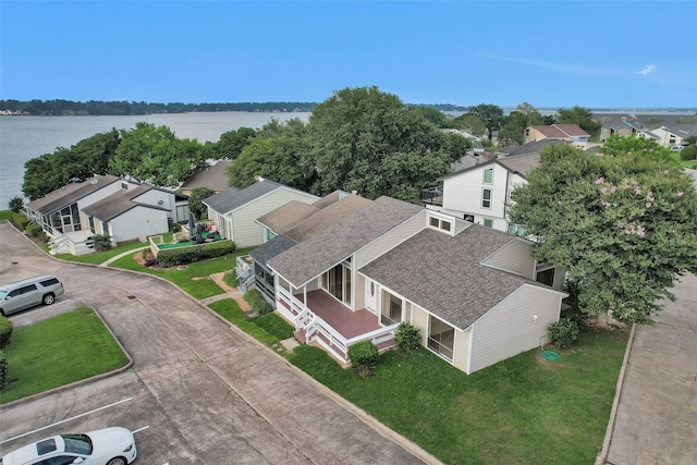 aerial view featuring a water view