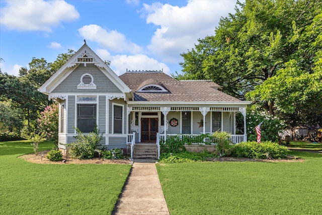 view of front facade featuring covered porch and a front lawn