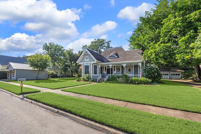 view of front of house featuring covered porch, a garage, and a front lawn