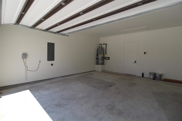 garage featuring electric panel and electric water heater