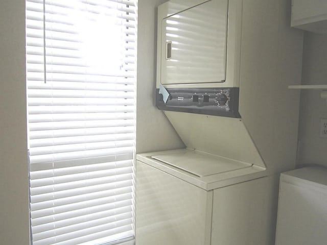 laundry area with stacked washer and dryer