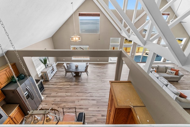 living room featuring high vaulted ceiling and hardwood / wood-style floors