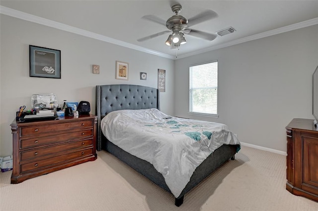 bedroom with light carpet, ceiling fan, and ornamental molding