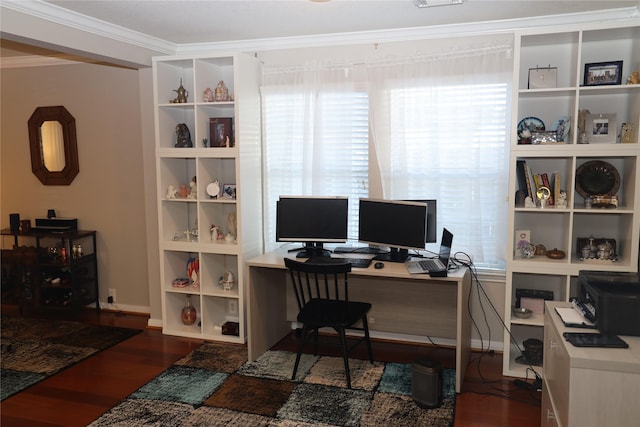 office featuring dark hardwood / wood-style flooring and ornamental molding