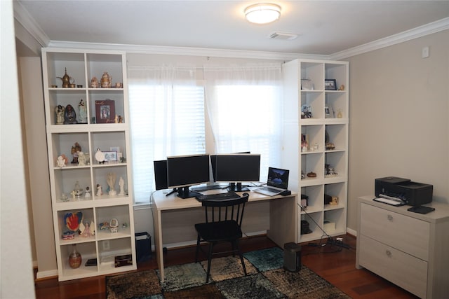 home office featuring crown molding and dark wood-type flooring