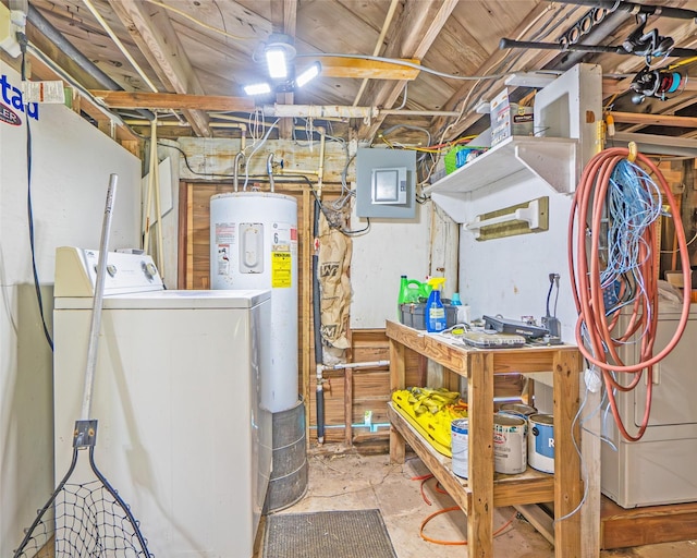 1214 County Road 201, Sargent, TX 77414 - unfinished below grade area featuring washer / dryer, electric panel, and electric water heater