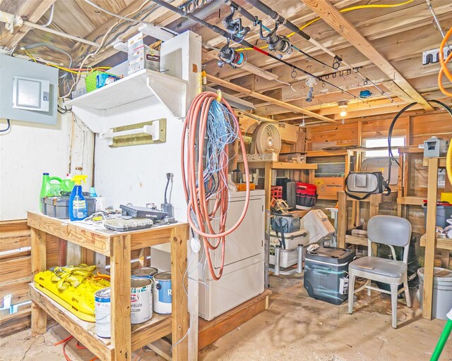 1214 County Road 201, Sargent, TX 77414 - unfinished below grade area featuring electric panel and a workshop area