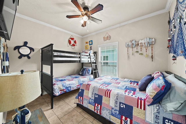 tiled bedroom featuring crown molding and ceiling fan