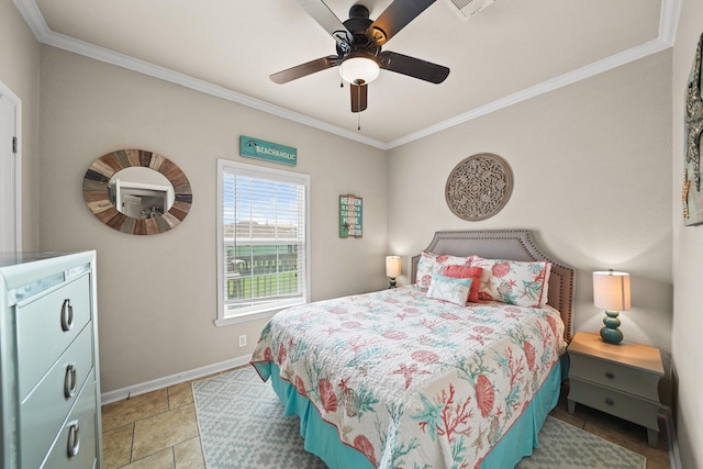 bedroom featuring crown molding, ceiling fan, and light tile patterned flooring