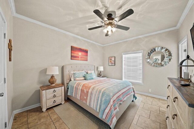 bedroom featuring ceiling fan, ornamental molding, and light tile patterned floors