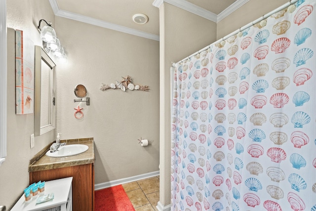 bathroom with crown molding, tile patterned floors, curtained shower, and vanity