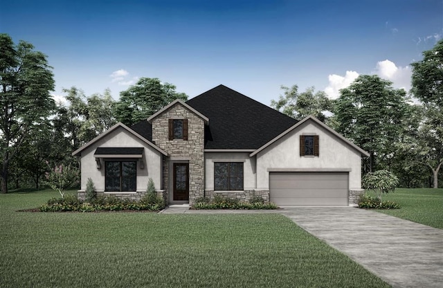 view of front of home with a front lawn and a garage