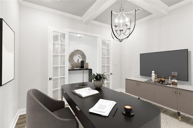 office space with french doors, crown molding, wood-type flooring, an inviting chandelier, and beamed ceiling