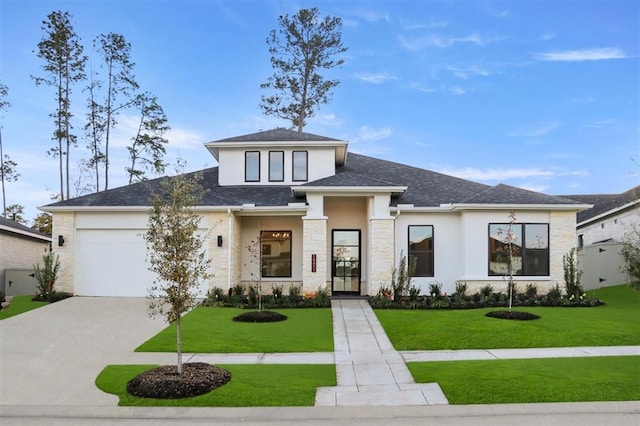 view of front of property featuring a garage and a front lawn