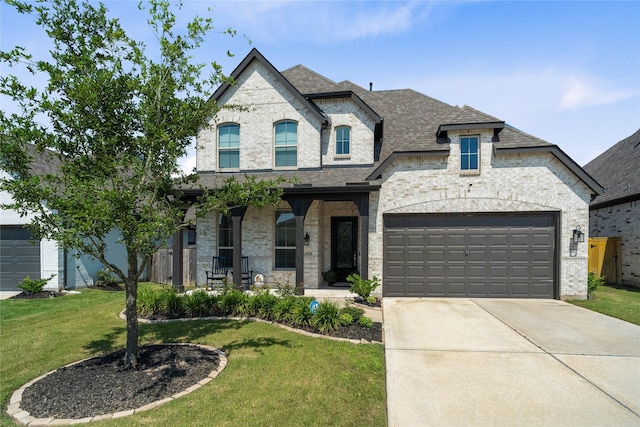 french provincial home with a garage and a front lawn