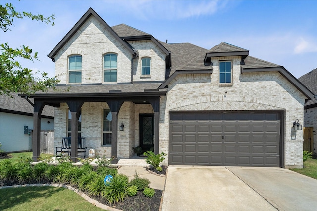 french country inspired facade featuring a garage and covered porch