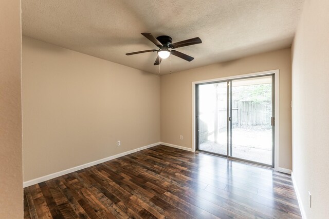 unfurnished room with a textured ceiling, hardwood / wood-style floors, and ceiling fan