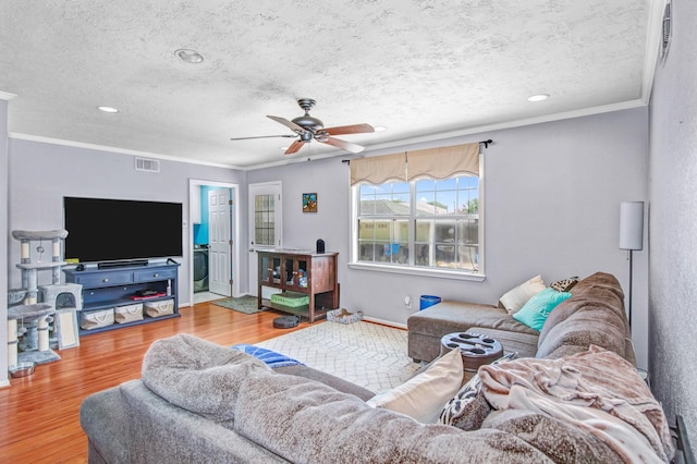 living room with ceiling fan, wood-type flooring, ornamental molding, and a textured ceiling