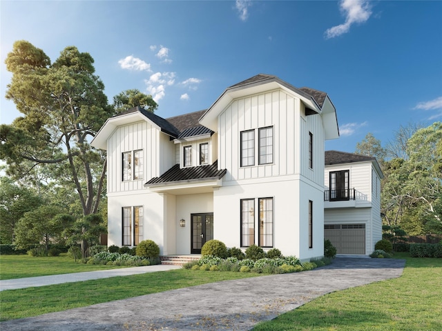 modern inspired farmhouse featuring french doors, a balcony, a garage, and a front lawn