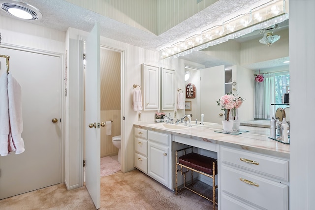 bathroom featuring a textured ceiling, toilet, and large vanity