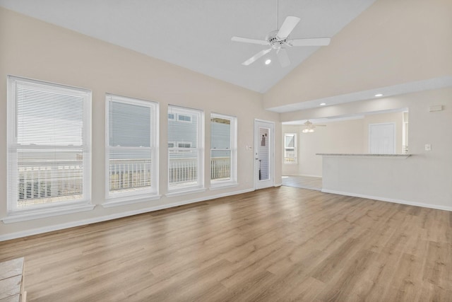 unfurnished living room with light hardwood / wood-style floors, high vaulted ceiling, and ceiling fan