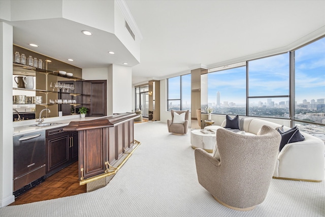 living room featuring dark parquet flooring and indoor wet bar