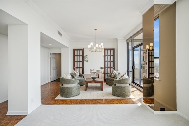 living area featuring french doors, an inviting chandelier, parquet floors, and ornamental molding