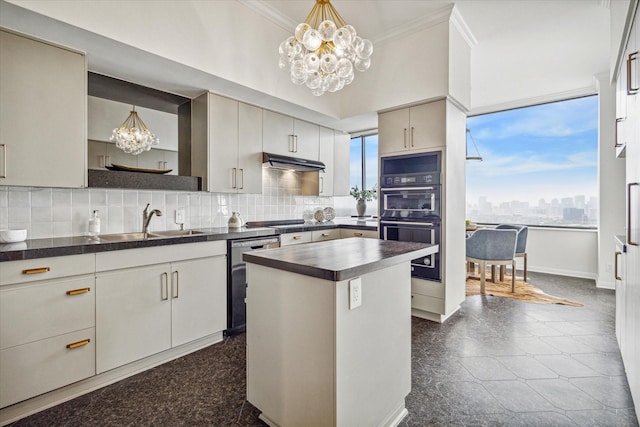 kitchen featuring backsplash, ornamental molding, sink, black appliances, and a center island