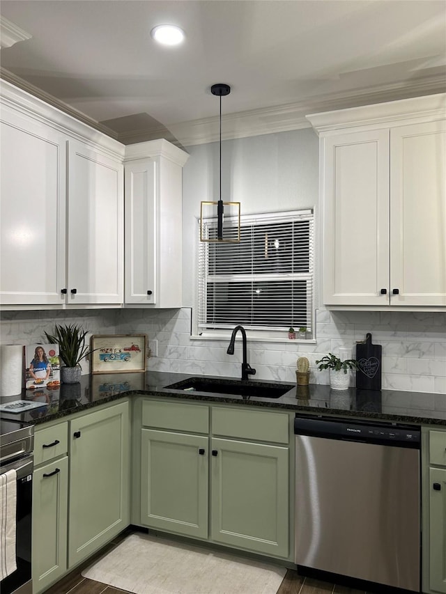 129 S Grace St, Crockett, TX 75835 - kitchen featuring dishwasher, a sink, green cabinets, backsplash, and dark stone countertops
