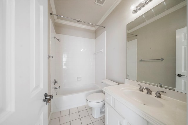 full bathroom featuring ornamental molding, vanity, tile patterned flooring, toilet, and tiled shower / bath