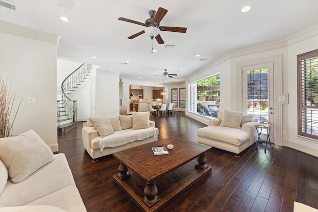 living room with ceiling fan, ornamental molding, and dark wood-type flooring