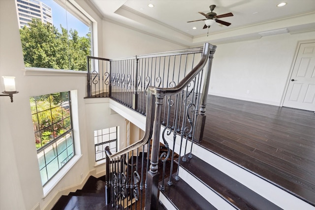 stairs featuring a raised ceiling, ceiling fan, crown molding, and hardwood / wood-style flooring