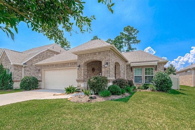 single story home with a garage and a front yard