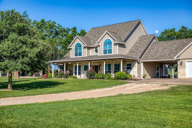 view of front of house with covered porch, a front yard, and a carport