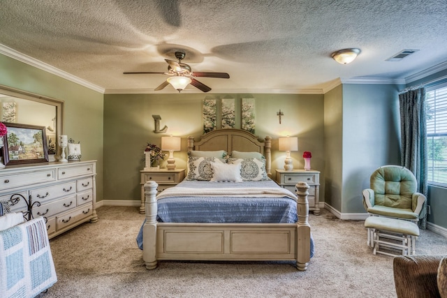 bedroom with ceiling fan, ornamental molding, light carpet, and a textured ceiling