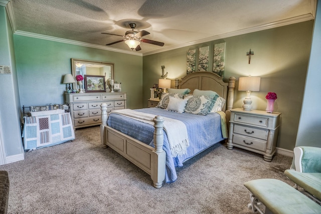 bedroom featuring ceiling fan, a textured ceiling, ornamental molding, and light carpet