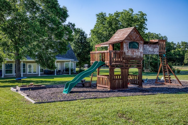 view of jungle gym with a yard