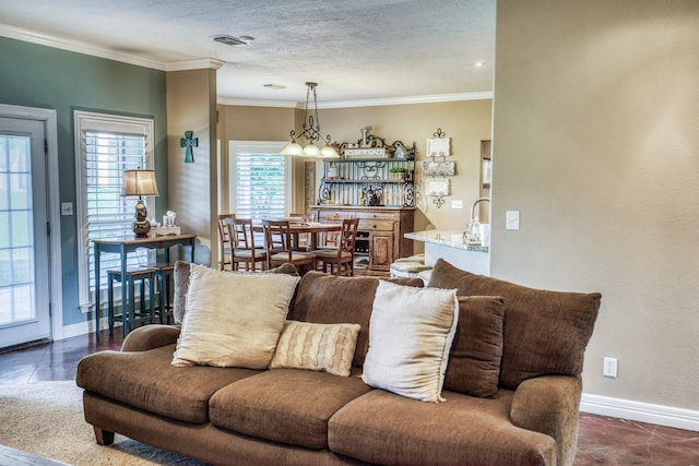 tiled living room featuring crown molding