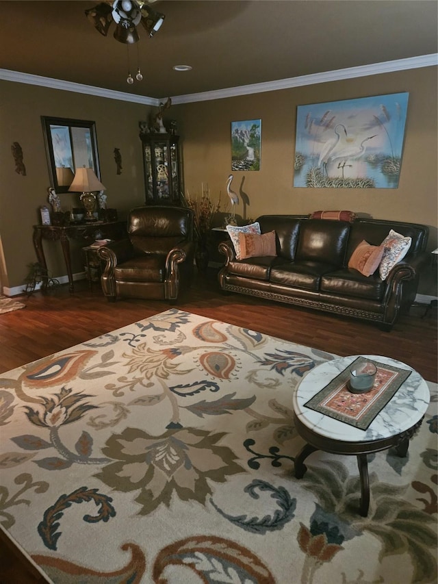 living area featuring crown molding and wood finished floors