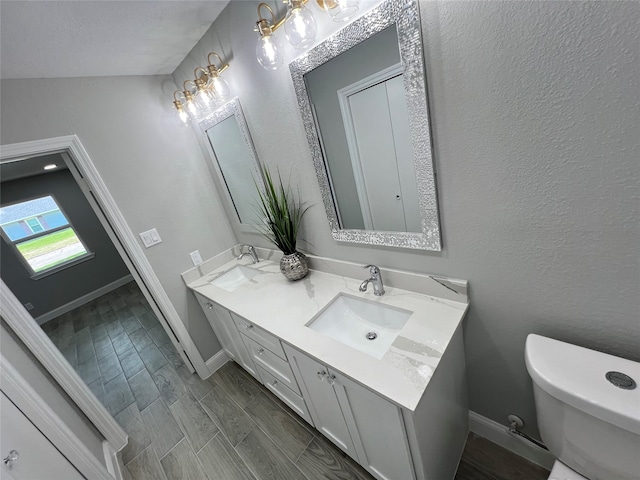 bathroom with vanity, lofted ceiling, hardwood / wood-style floors, and toilet