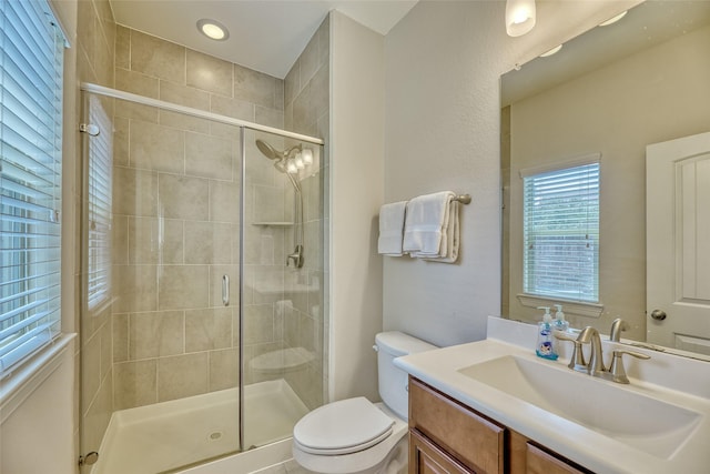 bathroom with vanity, toilet, and walk in shower