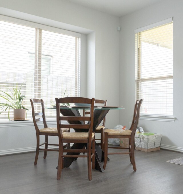 dining area with a wealth of natural light and hardwood / wood-style flooring