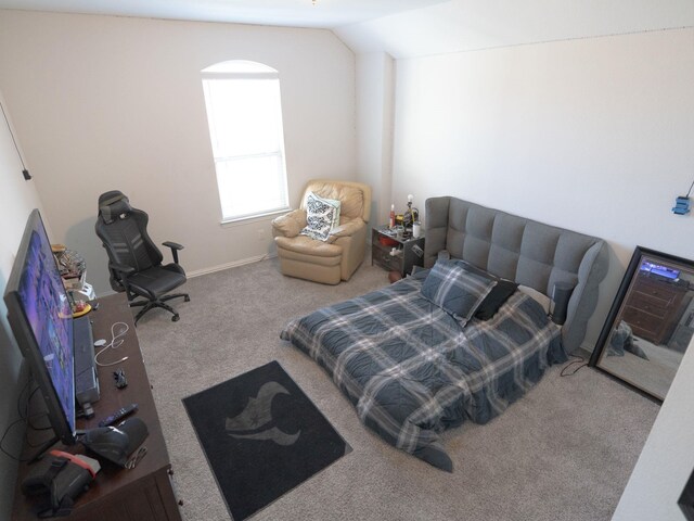 carpeted bedroom with lofted ceiling