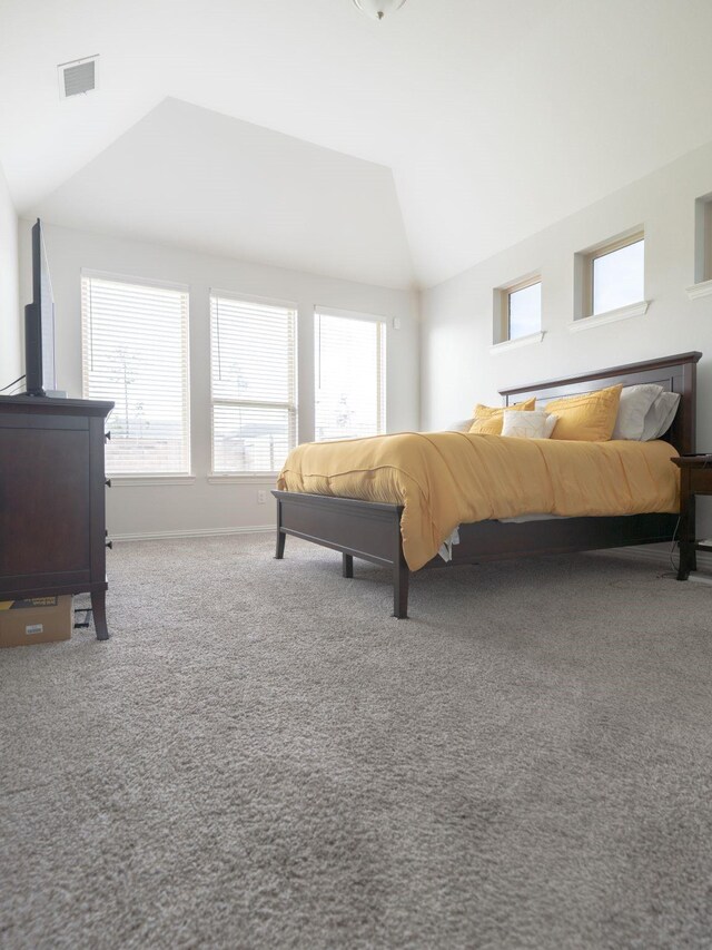 carpeted bedroom with lofted ceiling