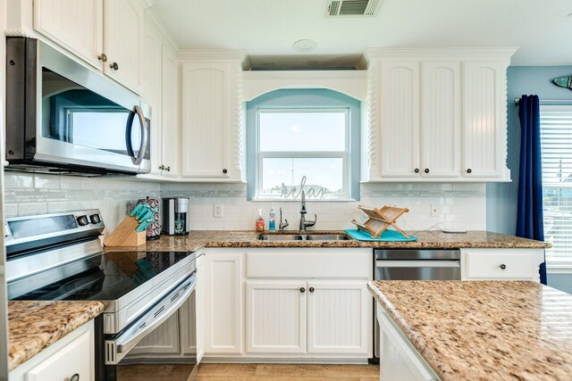 kitchen with stainless steel appliances, visible vents, a sink, decorative backsplash, and white cabinetry