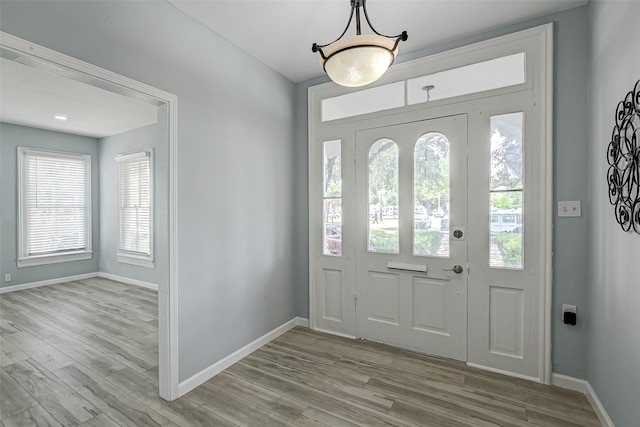 foyer entrance featuring a wealth of natural light and light hardwood / wood-style floors