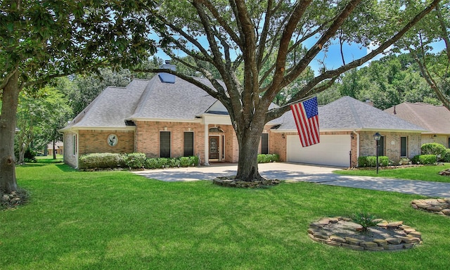 ranch-style house with a front yard and a garage