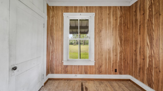 unfurnished room featuring wooden walls and light wood-type flooring