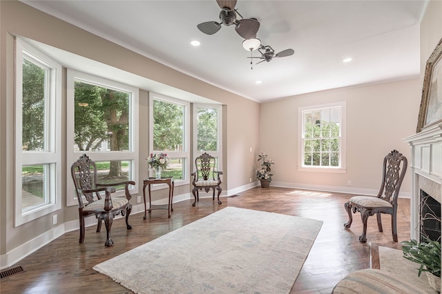 living area with a premium fireplace, ceiling fan, a healthy amount of sunlight, and wood-type flooring